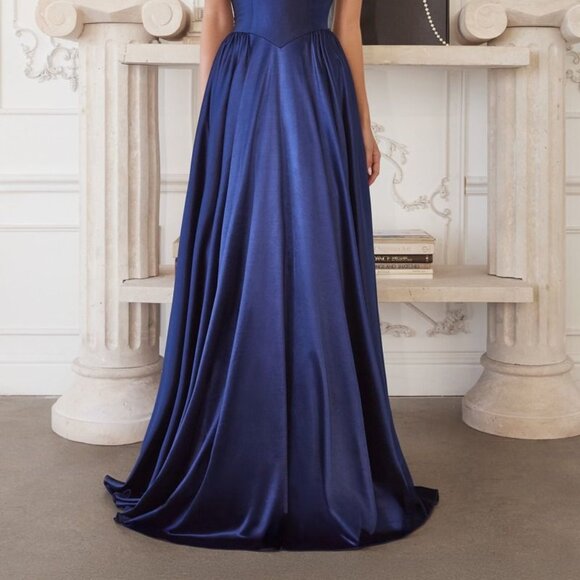 New Navy Off The Shoulder A-Line Bridesmaid Dress w/ Basque Waistline CD T821 - Picture 6 of 9